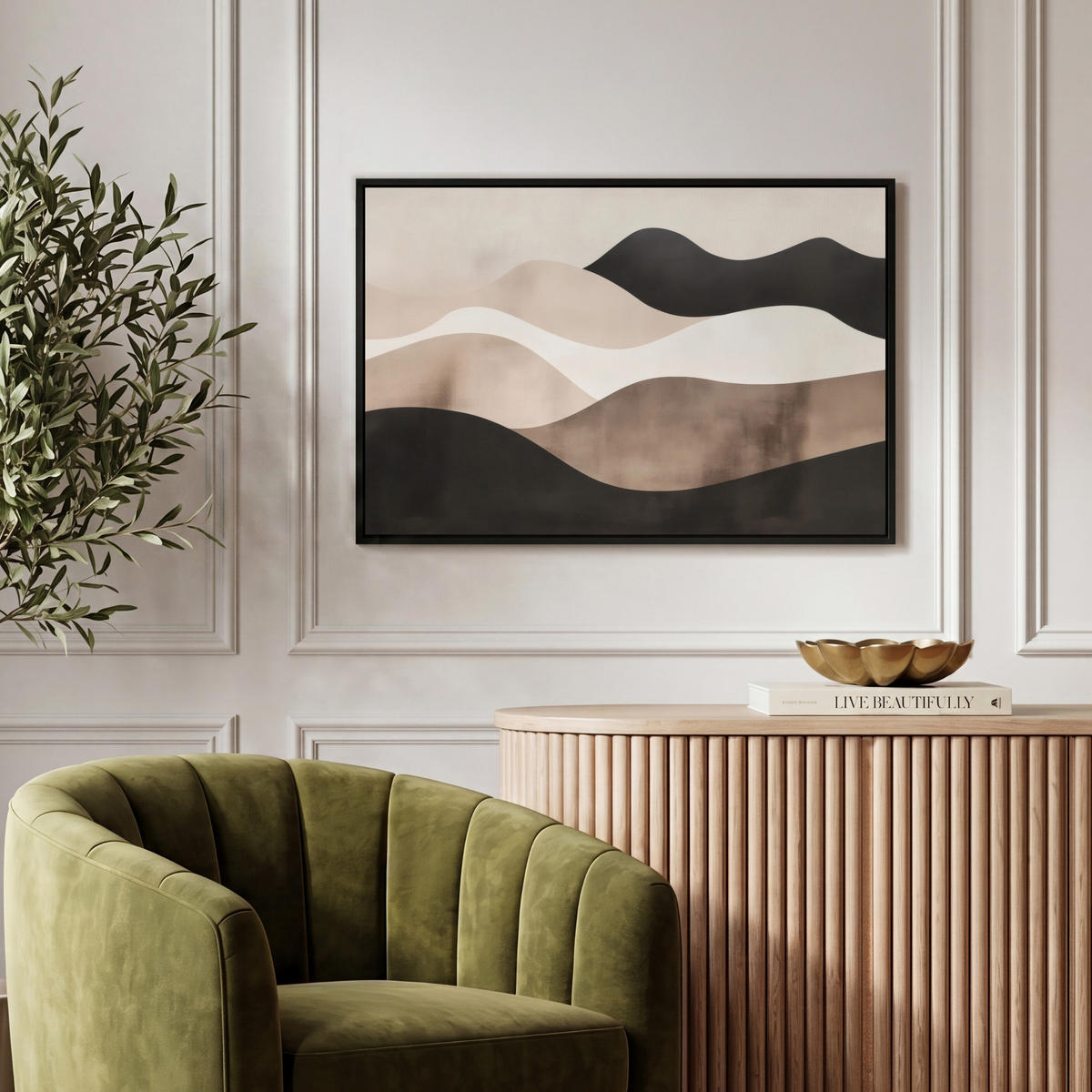 LEINWAND Bilder mit Rahmen - Abstrakt - Landschaft - Wellen - Cremefarben - 60x40 - Cappuccino, Textil (60/40cm) - MuchoWow