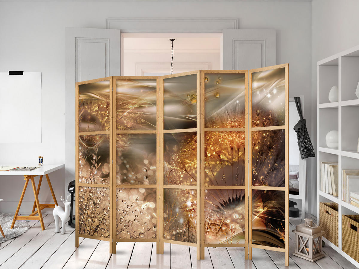PARAVENT Japanischer 5-tlg 225x172 cm Pusteblumen Glamour - Braun, Holz/Textil (225/172/3cm) - Muralo