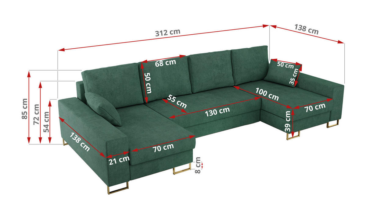 WOHNLANDSCHAFT DORIAN U Struktur Grün - Goldfarben/Grün, Textil/Metall (312/85/138cm) - MKS