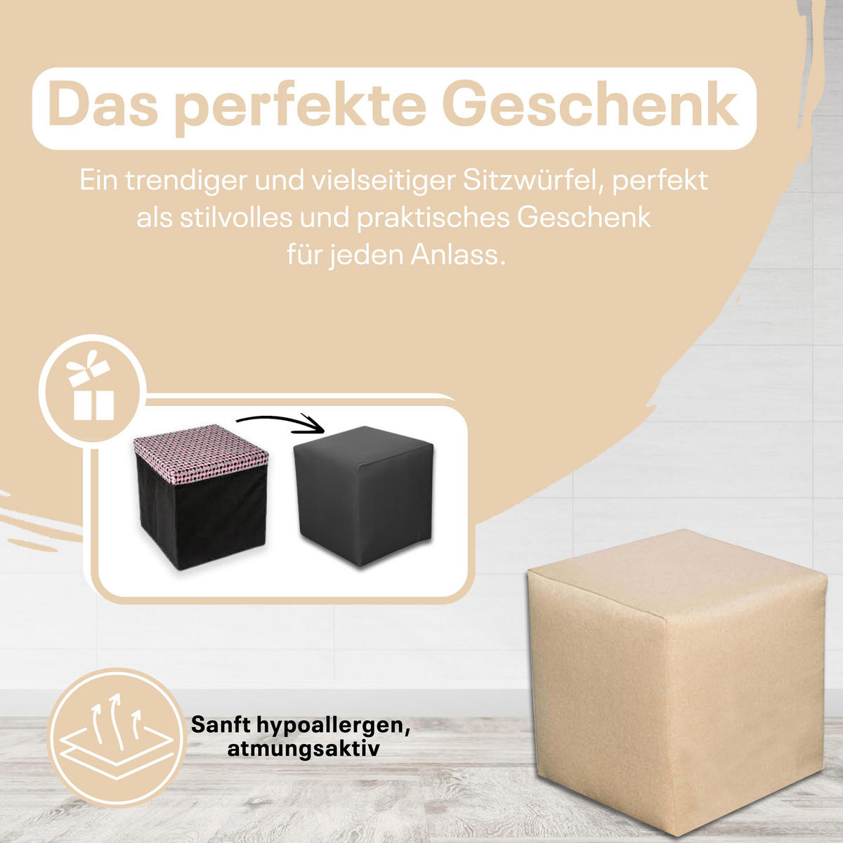 SITZWÜRFEL 40 x 40 x 40 cm Beige mit Polsterung und Holzwerkstoffrahmen für Wohnzimmer - Beige, Textil (40/40/40cm) - Best For Home