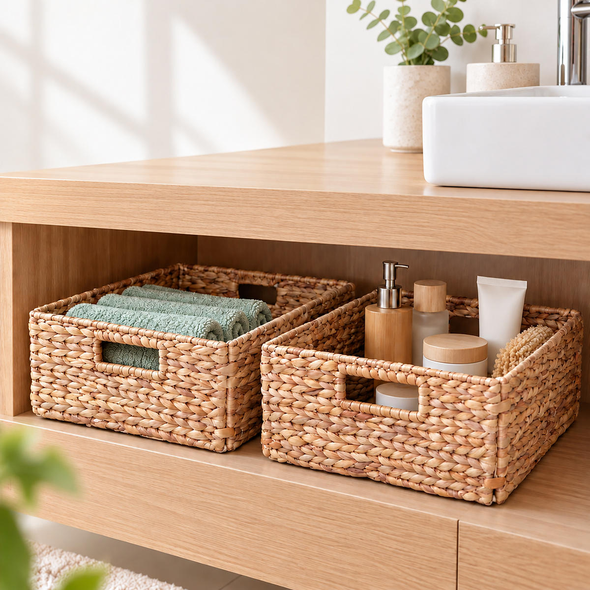 KOŠ Přírodní 2dílné-Set vodní hyacint skládací - světle hnědá, kov/textil (30/34/15cm) - Relaxdays