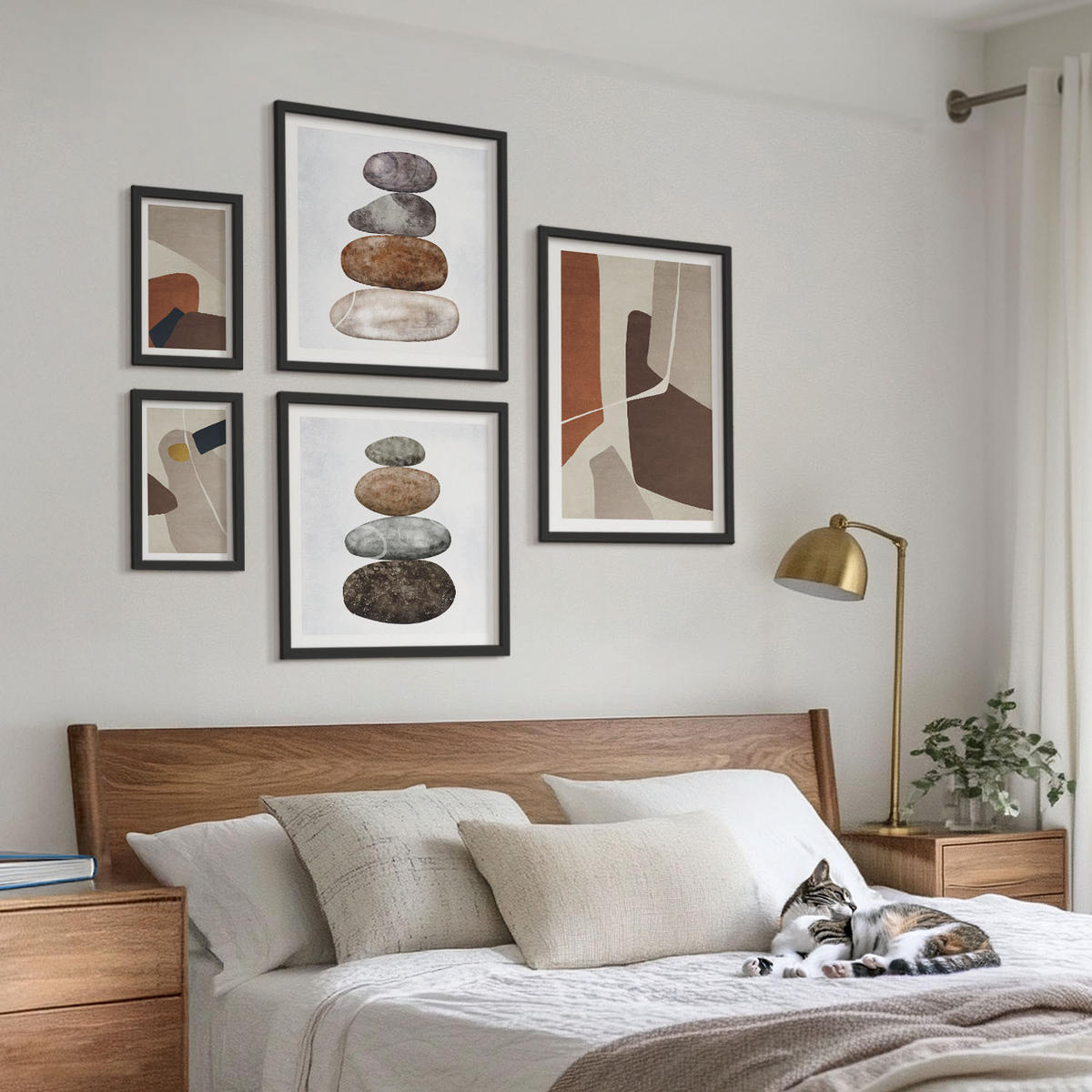 WANDBILDER 5er-Set - 50x50 cm & 20x30 cm & 40x60 cm Schwarzer Rahmen - Abstrakte Boho-Formen - Schwarz, Kunststoff (40/60cm) - ArtPrintCave