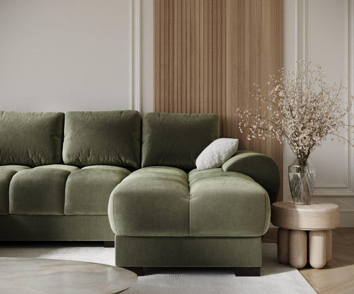 WOHNLANDSCHAFT Peebles Olivenfarbe Samtstoff - Schwarz/Olivgrün, Holz/Holzwerkstoff (330/90/175cm) - Maison de Reve