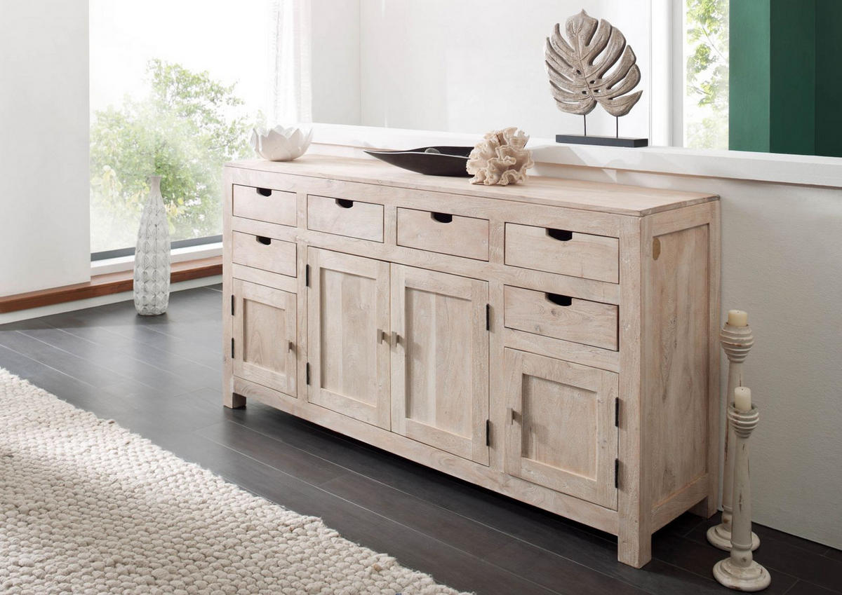 SIDEBOARD Akazie 180x45x95 white stone getüncht NATURE WHITE #84 - Beige, Holz (180/95/45cm) - Massivmoebel24
