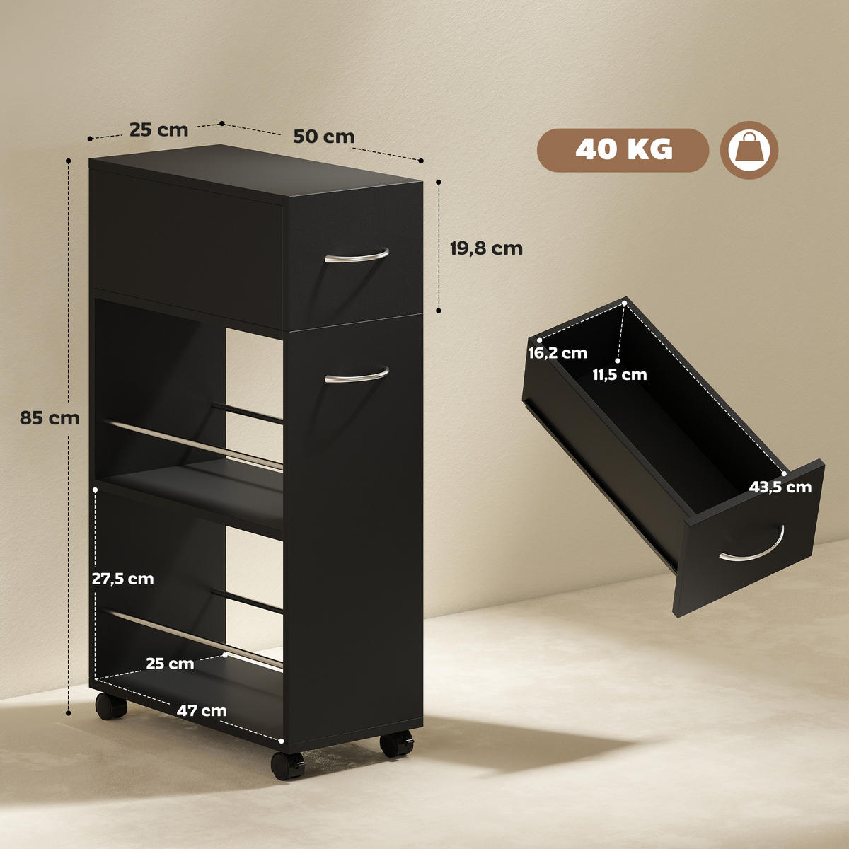 KÜCHENWAGEN DE-17134 1 Schublade & 2 offene Regale Schwarz - Schwarz, Holzwerkstoff (25/85/50cm) - ComfortXL