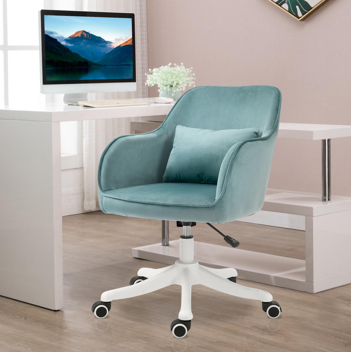 DREHSTUHL, ergonomisch gepolstert mit Samtoptik, Lendenkissen mit Massage, 57/70/78-86 cm, Grün - Grün, Kunststoff (70/86/57cm) - Redom