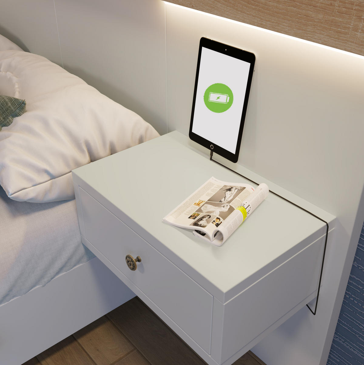 BETT 140/200 cm Weiß/Sonoma-Eiche aus Holzwerkstoff mit 2 LED-Nachtkommoden - Weiß, Holzwerkstoff (140/200cm) - OKMYHOME