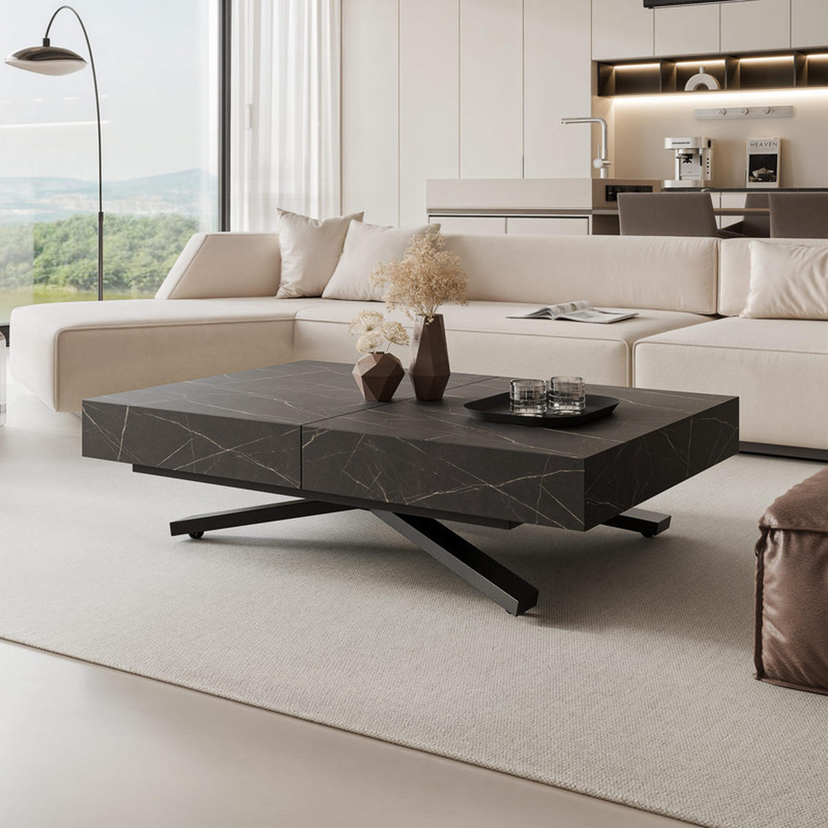 COUCHTISCH SANELLE X ausziehbar mit Liftfunktion, 120/80/76 cm Schwarz/Grigia Pietra (Steingrau) - Schwarz/Grau, Holzwerkstoff/Metall (120/80/27cm) - Idohome