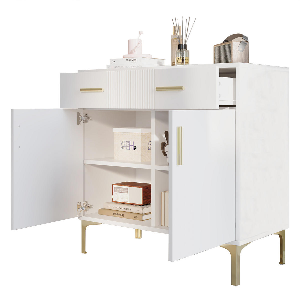 SIDEBOARD 80/35/79,5 cm in Weiß mit 2 Türen, 2 Schubladen und Metallfüßen - Weiß, Holzwerkstoff (80/79.5/35cm) - Flora Grace