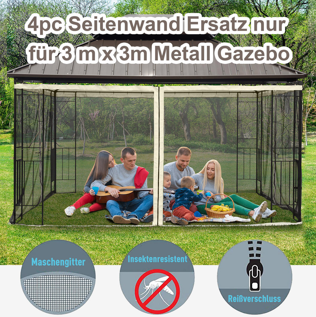 PAVILLONS aus Polyester 3x3 m in Schwarz mit Reißverschluss - Schwarz, Textil (207/1/302cm) - Modfu