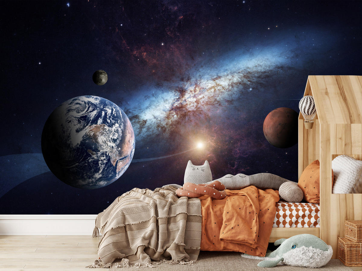 FOTOTAPETA Pre Detskú Izbu Planéty Galaxia Kozmos Hmlovina 500 x 350 cm - biela/fialová, papier (500/350cm) - Muralo