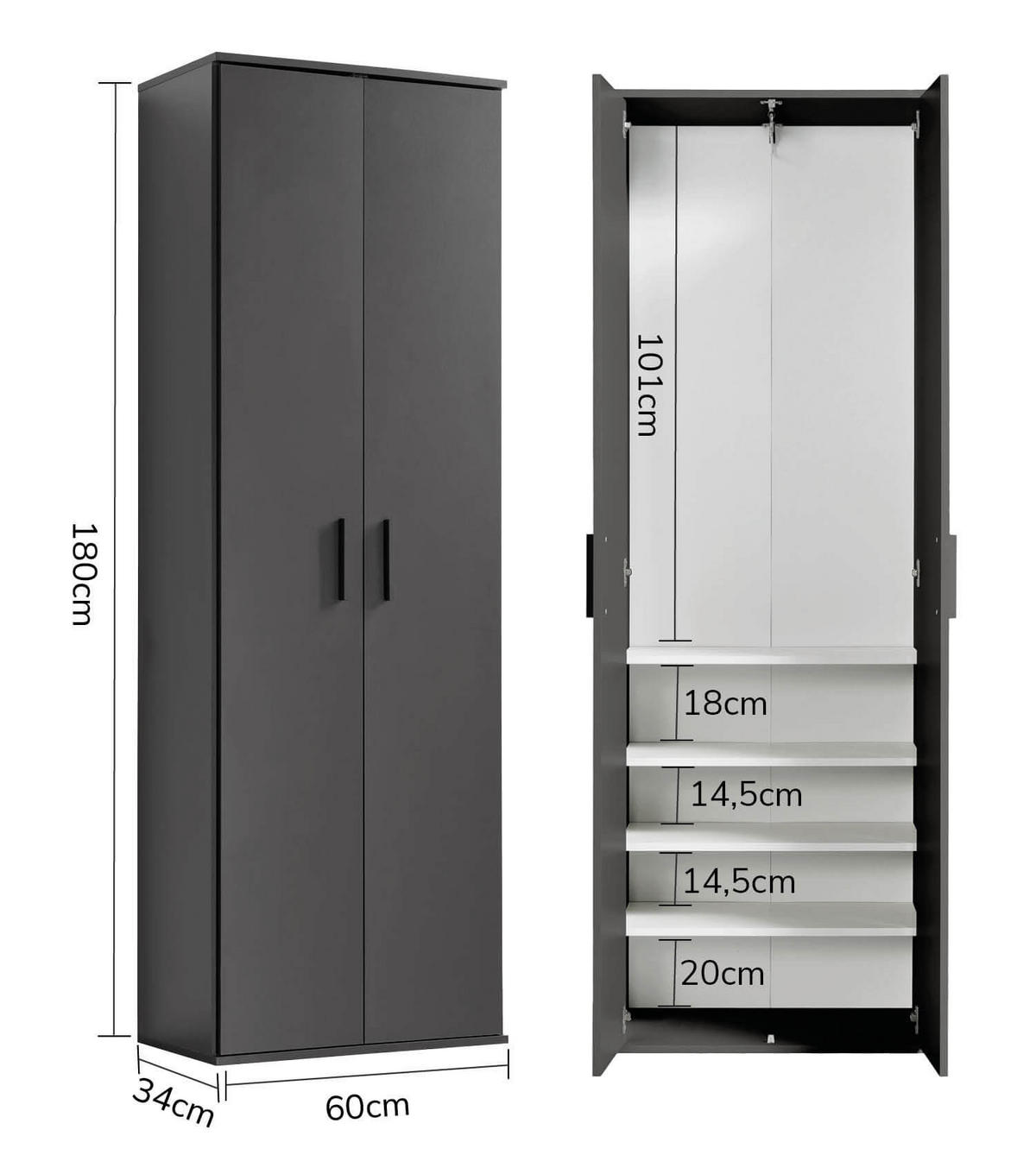 GARDEROBENSCHRANK Der Lange - Anthrazit/Schwarz, Holzwerkstoff (60/180/34cm) - Mokebo