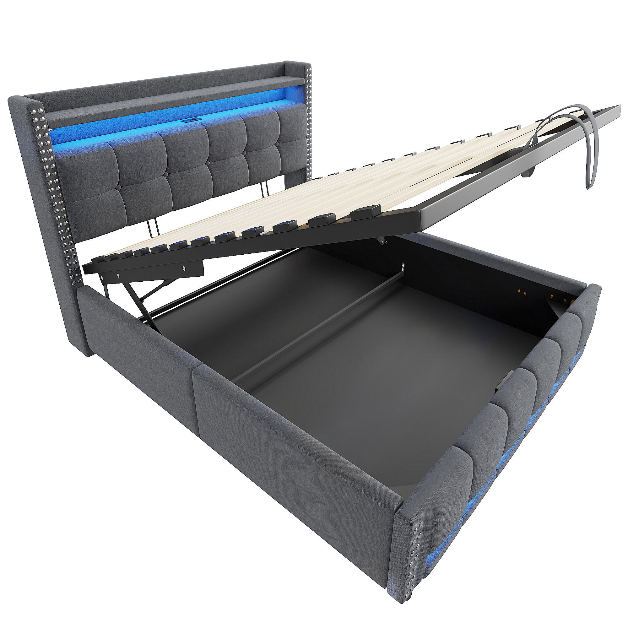 POLSTERBETT 160/200 mit Bettkasten, LED, USB, Ablagefächern und Lattenrost in Grau Leinen - Grau, Holzwerkstoff/Textil (160/200cm) - EVRYAE