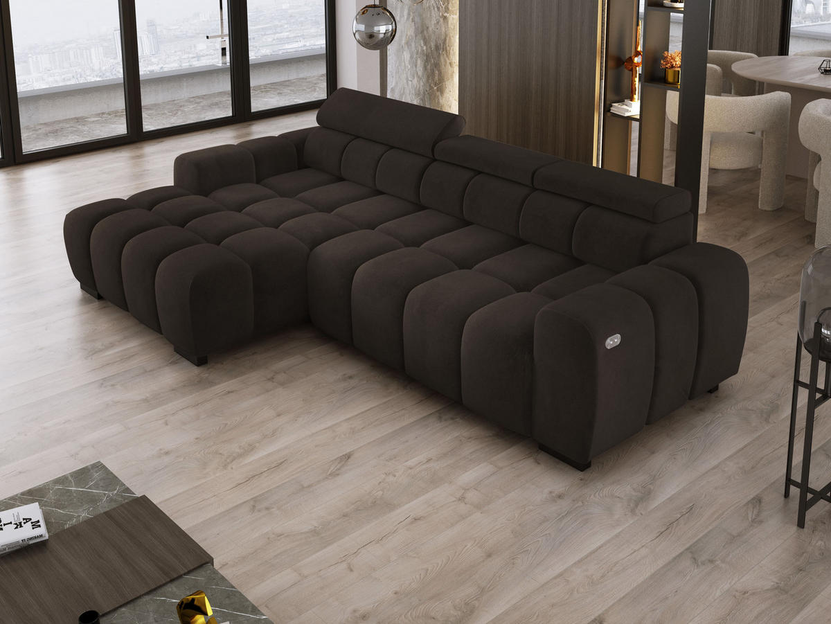 ECKSOFA OMBO 285x168x77/97 cm, Links, Schlaffunktion, elektr. Sitz, Kopfstützen, Buche dunkel, hydrophober SALVADOR-Stoff – Olivgrün - Anthrazit, Holz/Textil (168/285cm) - DomoHome