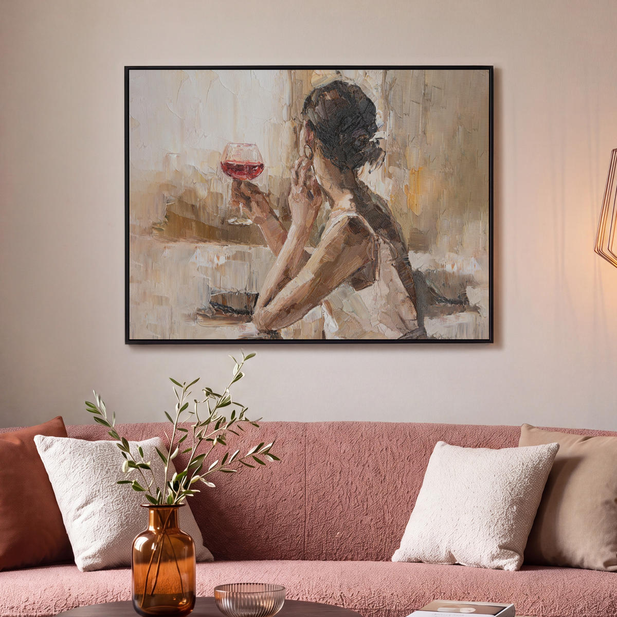 LEINWAND Bilder mit Rahmen - Ölgemälde - Frau - Wein - 100x70 - Hellbraun, Textil (100/70cm) - MuchoWow