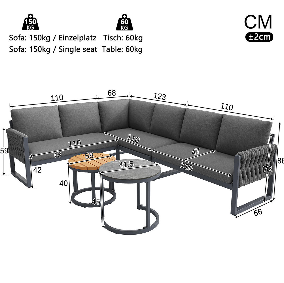 GARTENLOUNGE-SET 110/66/86 cm beige aus Metall und Olefin modular und pflegeleicht - Beige, Metall - OKWISH