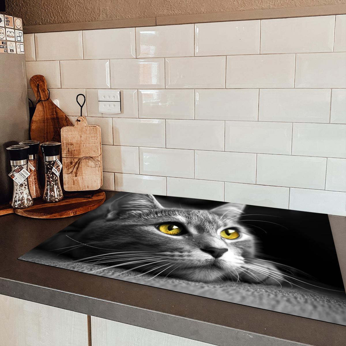 HERDABDECKPLATTE Katze - Grau - Tiere - Katze Ceranfeldabdeckung 78x52 cm - Grau, Kunststoff (78/52/0.2cm) - MuchoWow