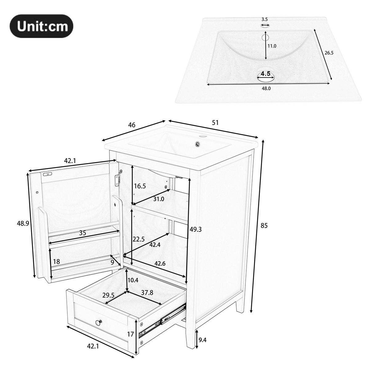 WASCHTISCHKOMBI 51/46/85 cm Weiß aus Keramik und MDF mit verstellbarem Regal - Weiß, Holzwerkstoff (51/85/46cm) - OKMYHOME