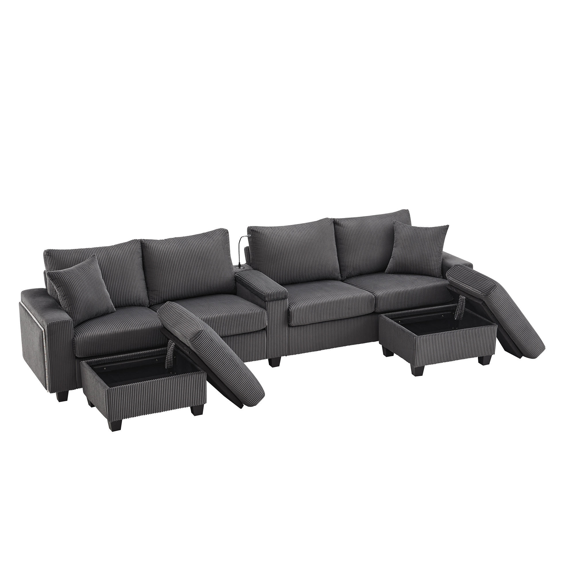 SOFA in U-Form mit 2 Hockern Grau Cord 334 cm - Grau, Holz (128.5/81/334cm) - Meubliv