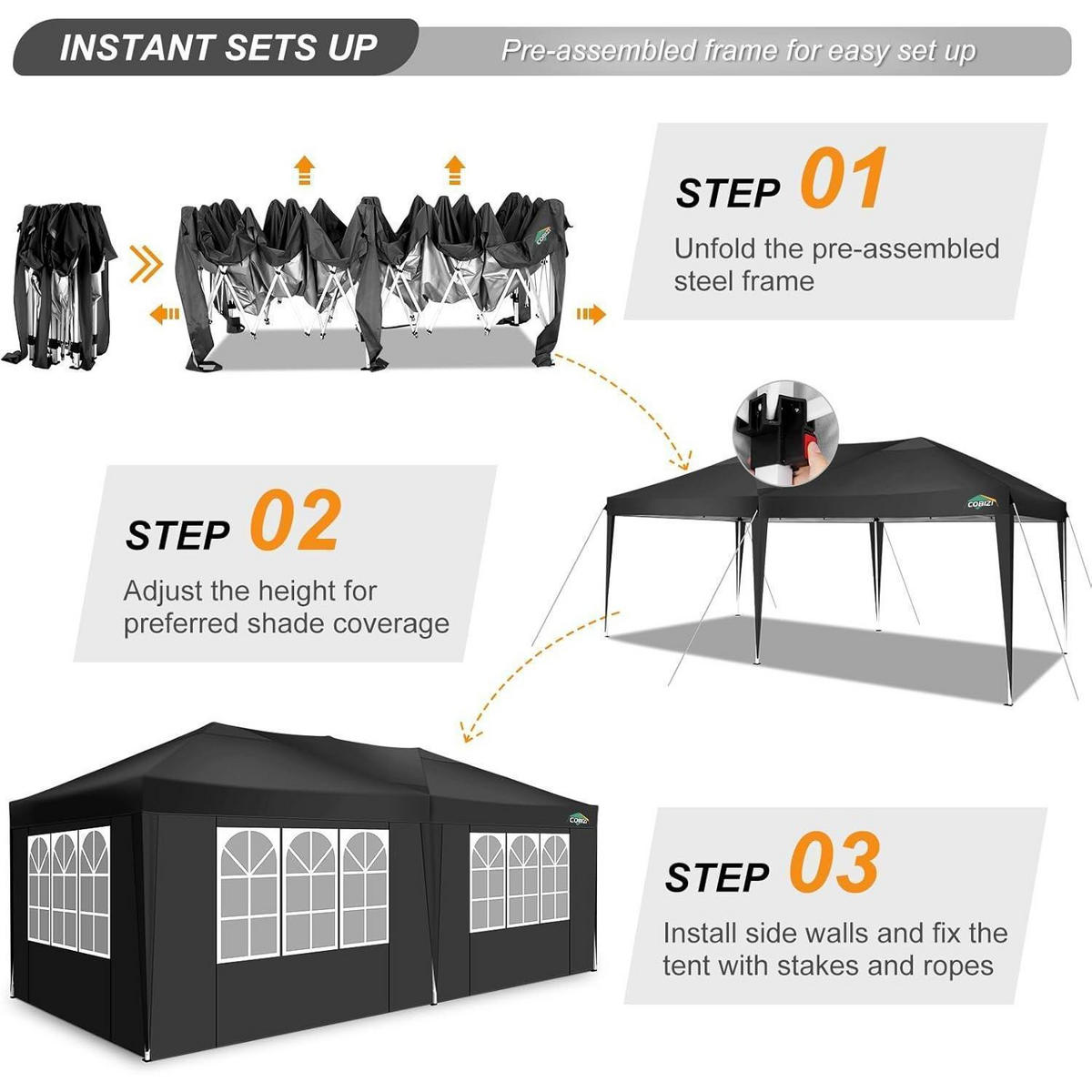 FALTPAVILLON 3 x 6 m wasserdicht UV-Schutz mit 6 Seitenwänden Schwarz - Schwarz, Textil (300/275/600cm)