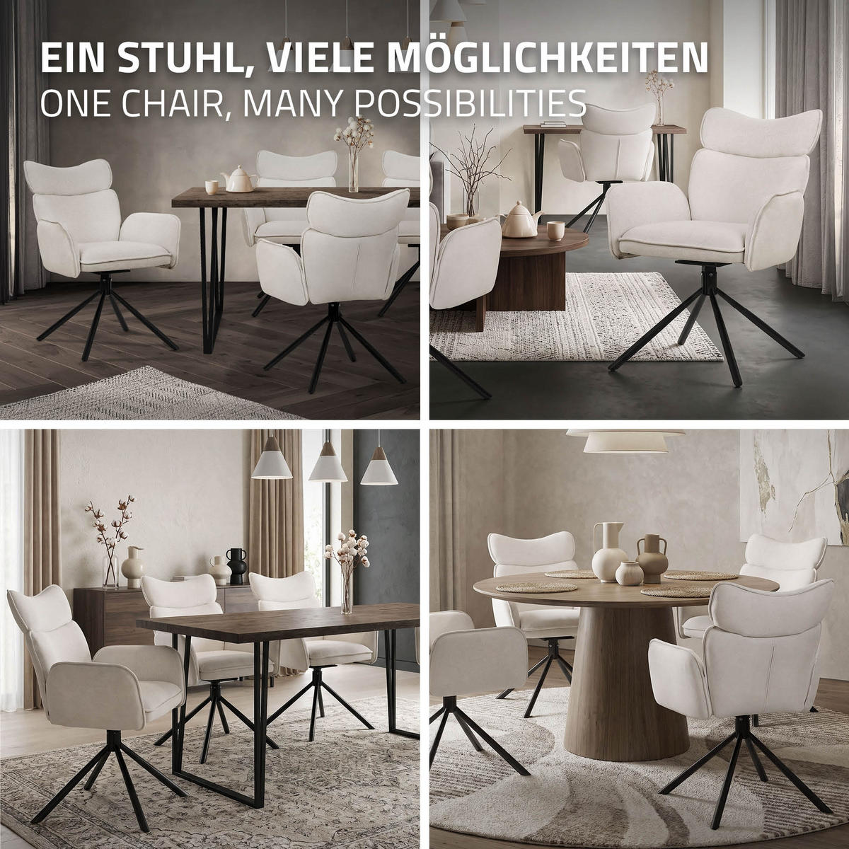 JÍDELNÍ ŽIDLE Sada 6 ks otočné béžové s látkovým potahem - černá/béžová, kov/textil (63/89/68cm) - ML-DESIGN