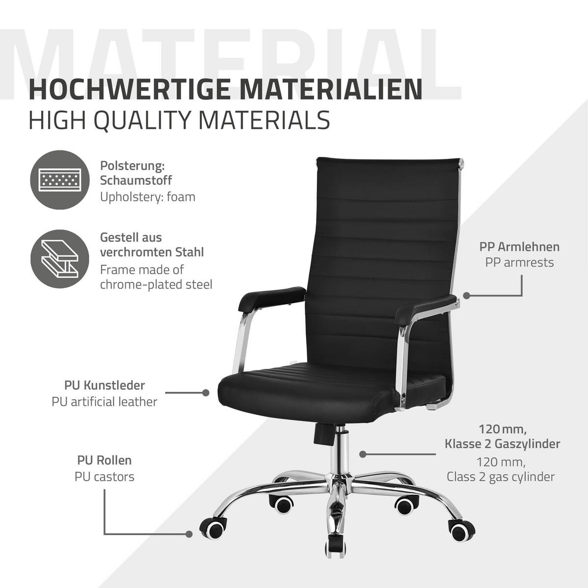 BÜROSTUHL Schwarz aus Kunstleder mit Stahlgestell - Silberfarben/Schwarz, Metall (62/117/62cm) - ML-DESIGN