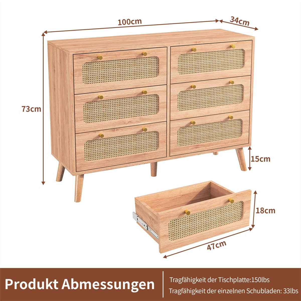 KOMMODE mit 6 Schubladen - Beine aus Massivholz - Rattan-Kommode für Wohnzimmer und Schlafzimmer - Eiche - Eichefarben, Holzwerkstoff (100/73/34cm) - DELFA