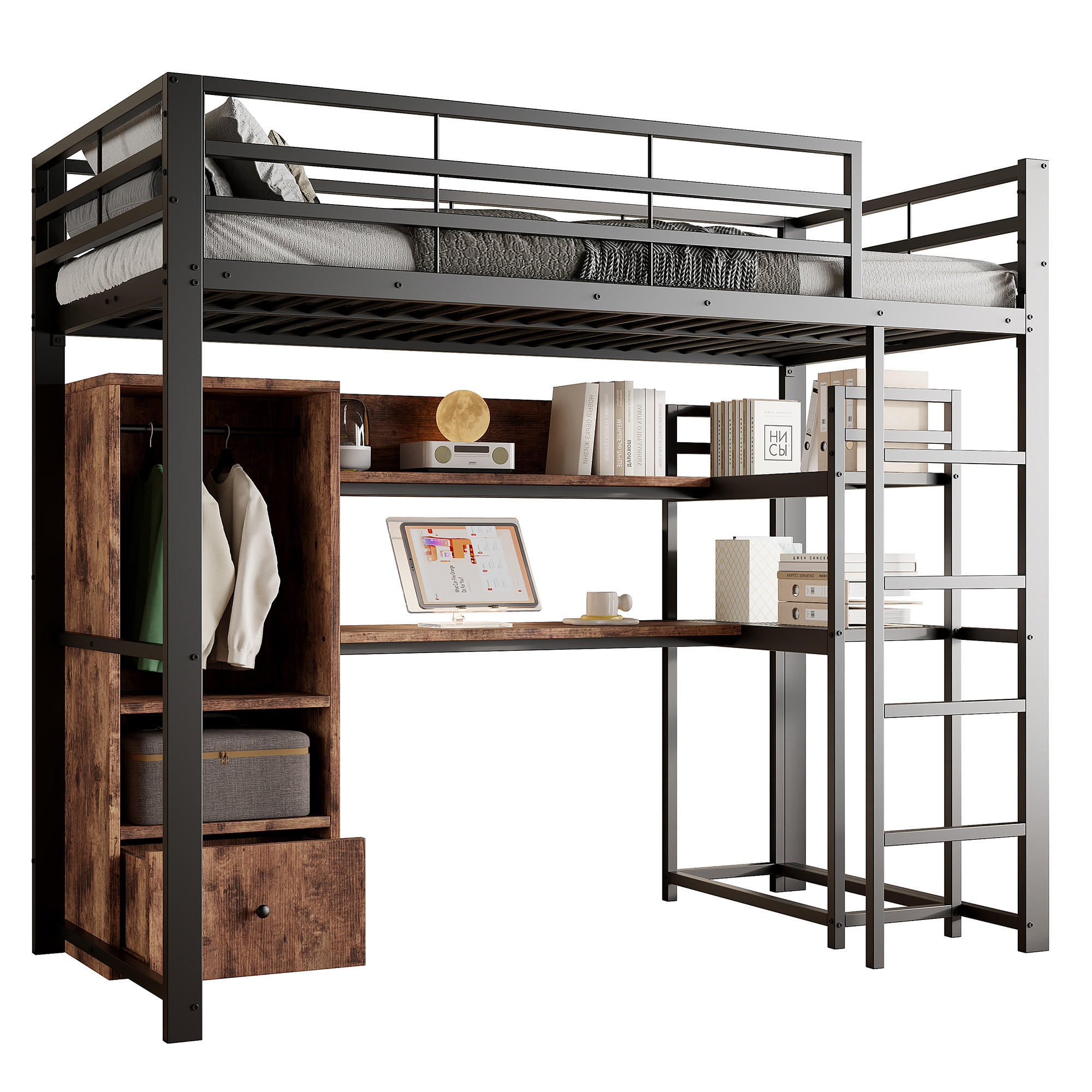 HOCHBETT 140/200 cm Schwarz Metallbett mit LED-Beleuchtung und Schreibtisch - Schwarz, Holzwerkstoff (140/200cm) - OKWISH