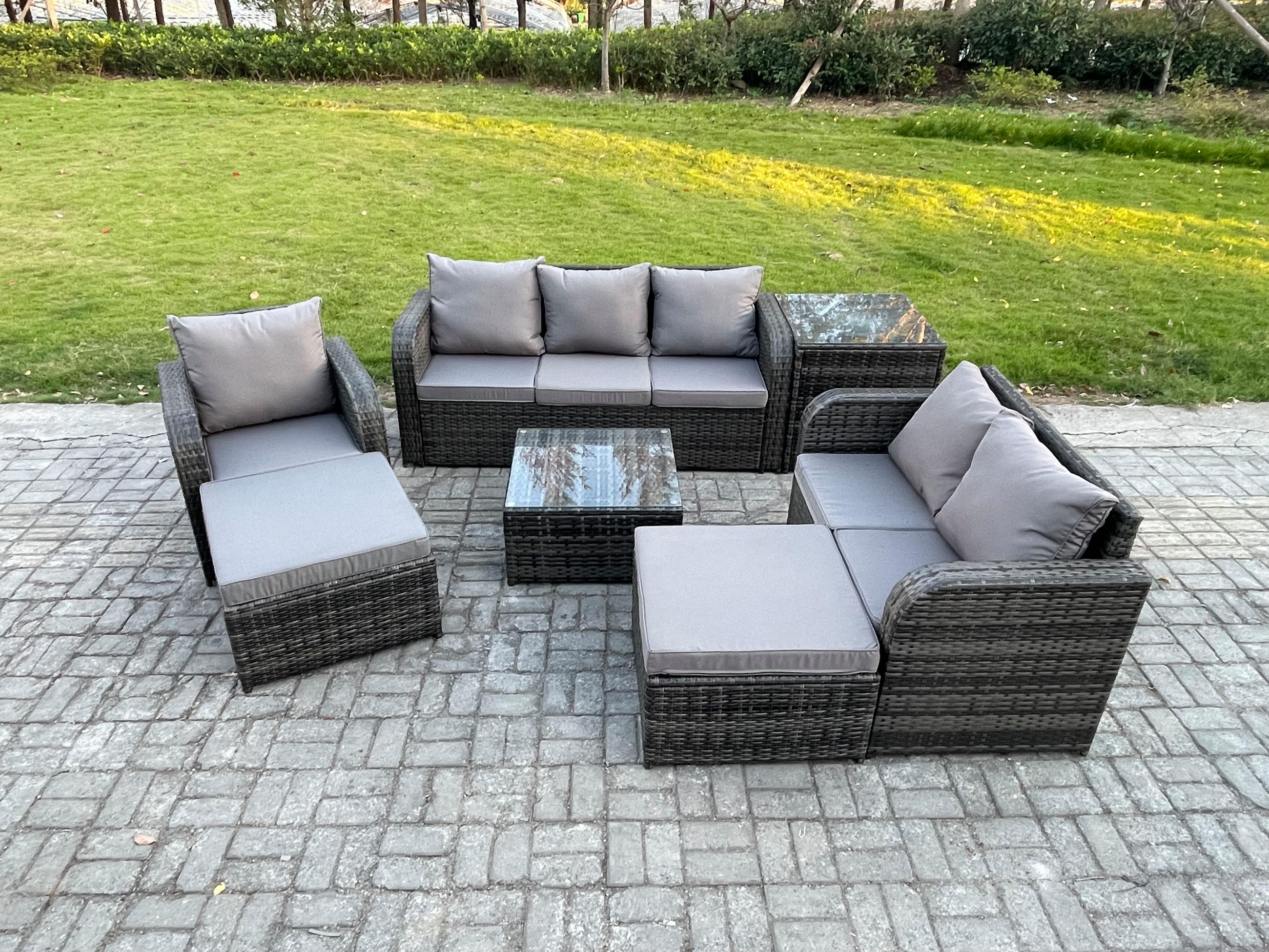 GARTENTISCHGRUPPE Polyrattan Dunkelgrau 7-teilige - Dunkelgrau/Grau, Glas/Kunststoff - Fimous