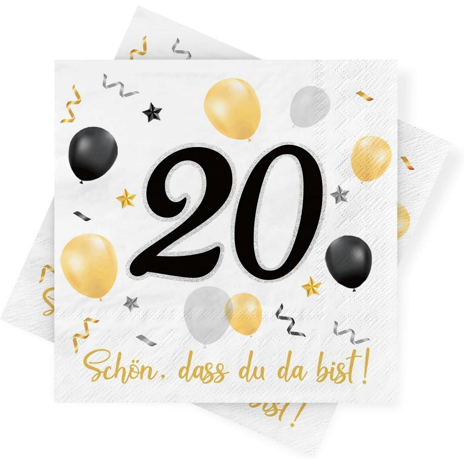 SERVIETTEN 20. Geburtstag 30 Stück Schwarz Gold - Multicolor, Papier (33/33cm)