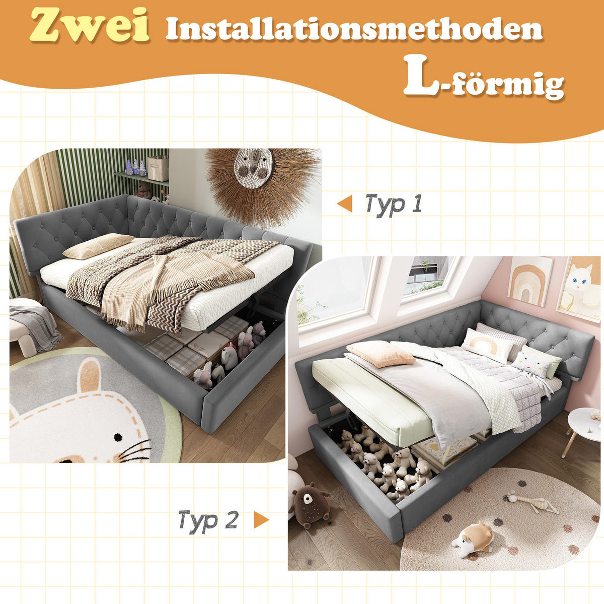 BETT mit hydraulischem Stauraum 90x190 cm Samt Grau - Grau, Metall (90/190cm) - Beauniv