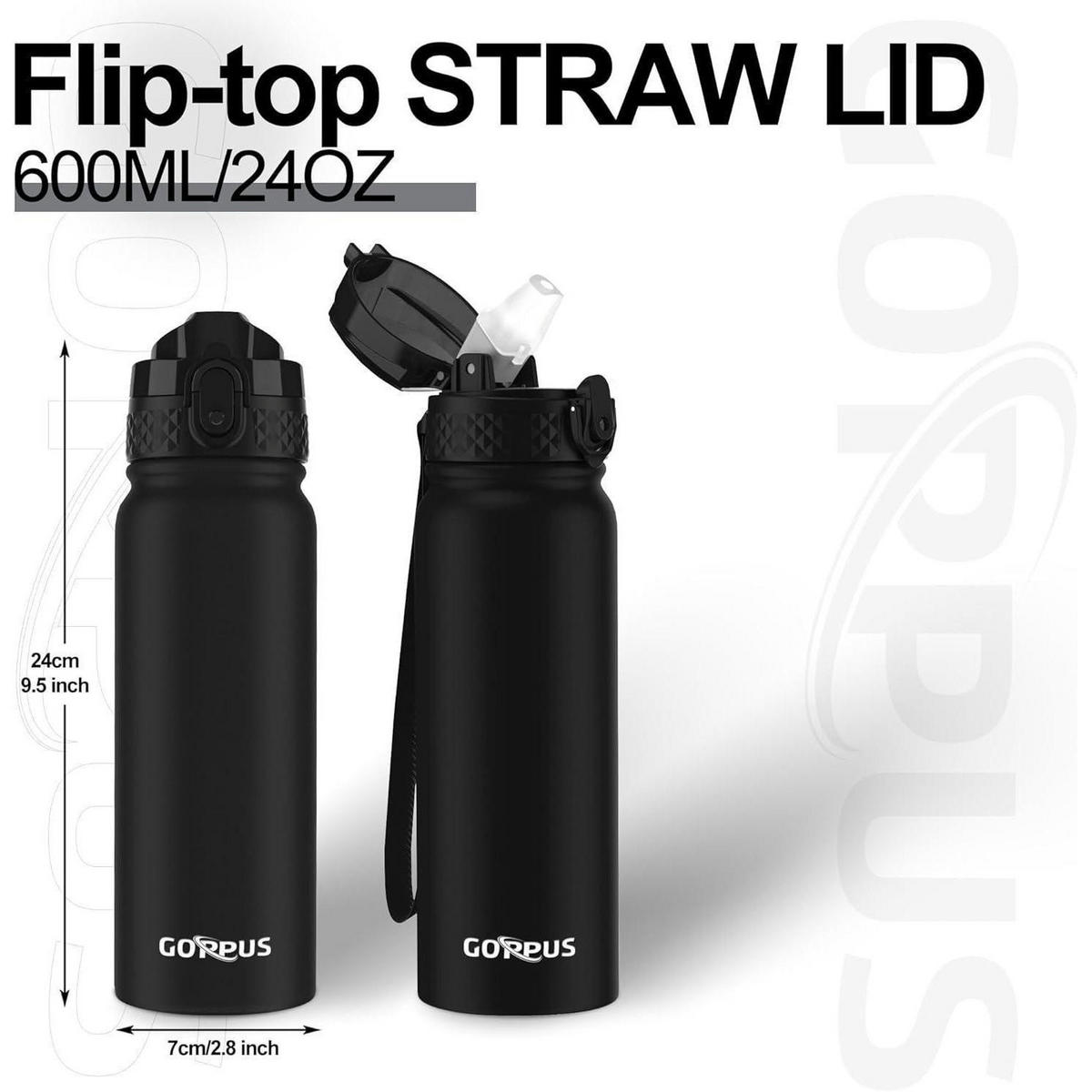 TRINKFLASCHE Edelstahl 600 ml mit Strohhalm Schwarz - Schwarz, Metall (7/7cm)