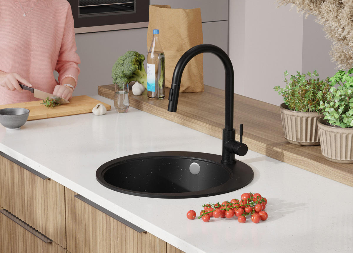 SPÜLBECKEN RUND Pisa, 2-er set Schwarz Metallic 50/50 cm 1 Becken + Ablauf-Set + Schneidebrett ab 45er Unterschrank - Chromfarben/Schwarz Hochglanz, Kunststoff (50/20/50cm) - Primagran