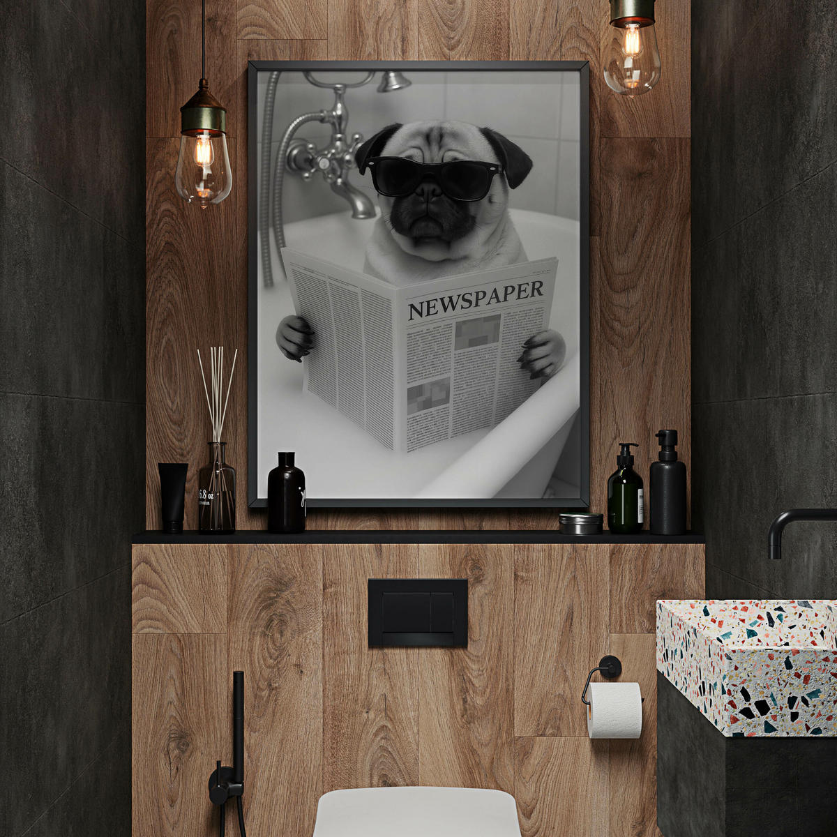 POSTER Badezimmer WC Mops Badewanne Zeitung Abstraktion 30x40cm - Schwarz/Weiß, Papier (30/40/1cm) - Muralo