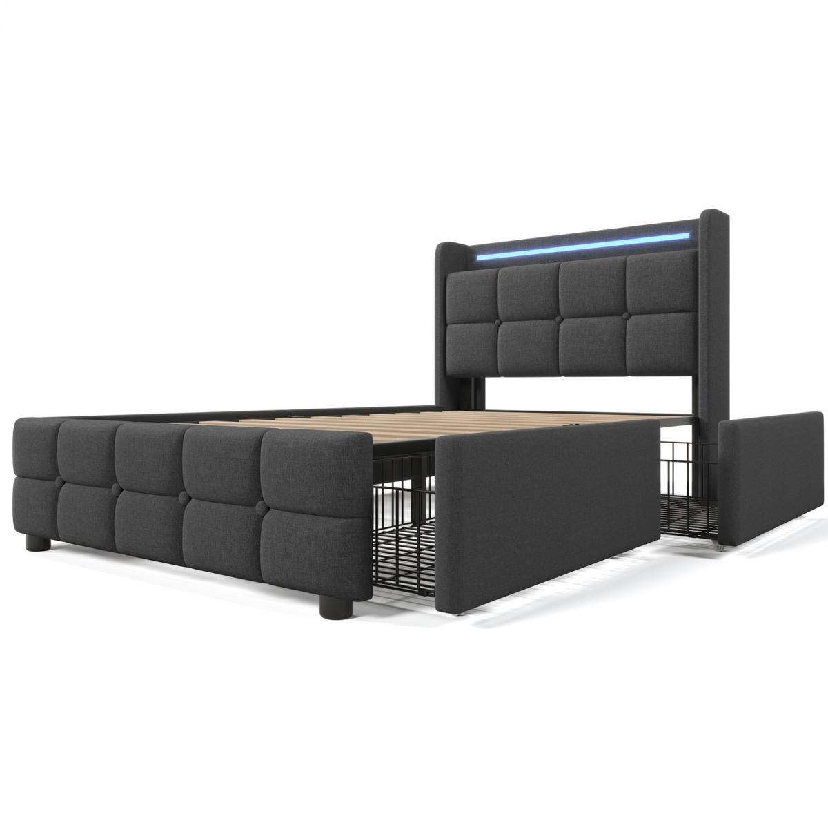 POLSTERBETT aus Holz 90x200 cm in Grau mit LED & Matratze - Grau, Holz (90/200cm) - Modfu