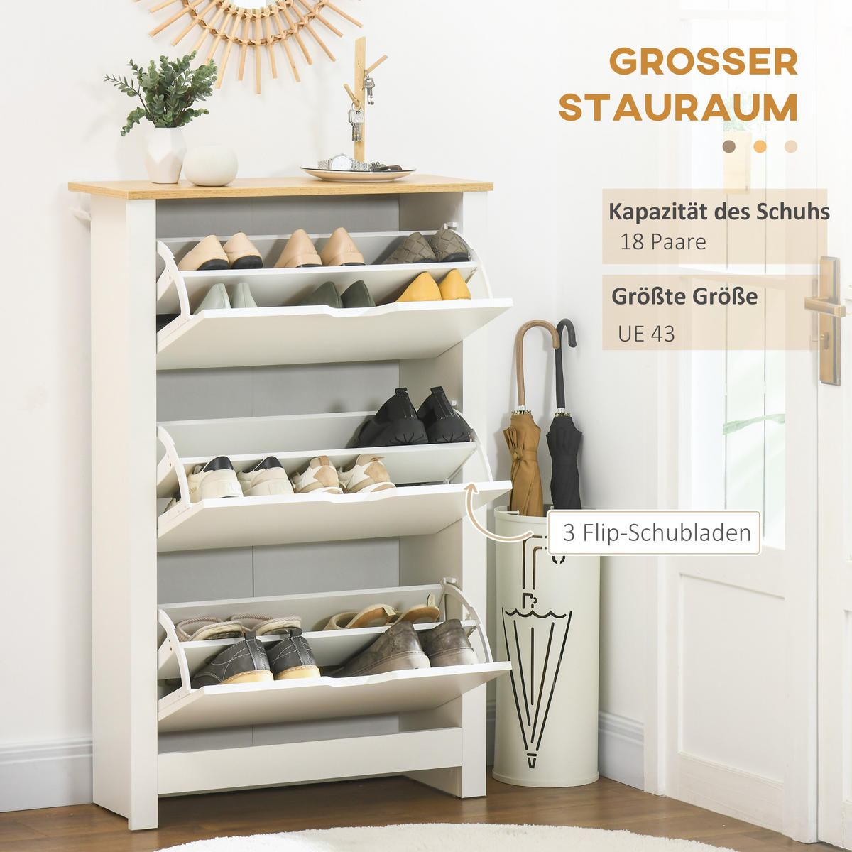 SCHUHSCHRANK aus Spanplatte 72x26x112cm in Weiß mit 3 Klappen - Weiß, Holzwerkstoff (72/112/26cm) - Modfu