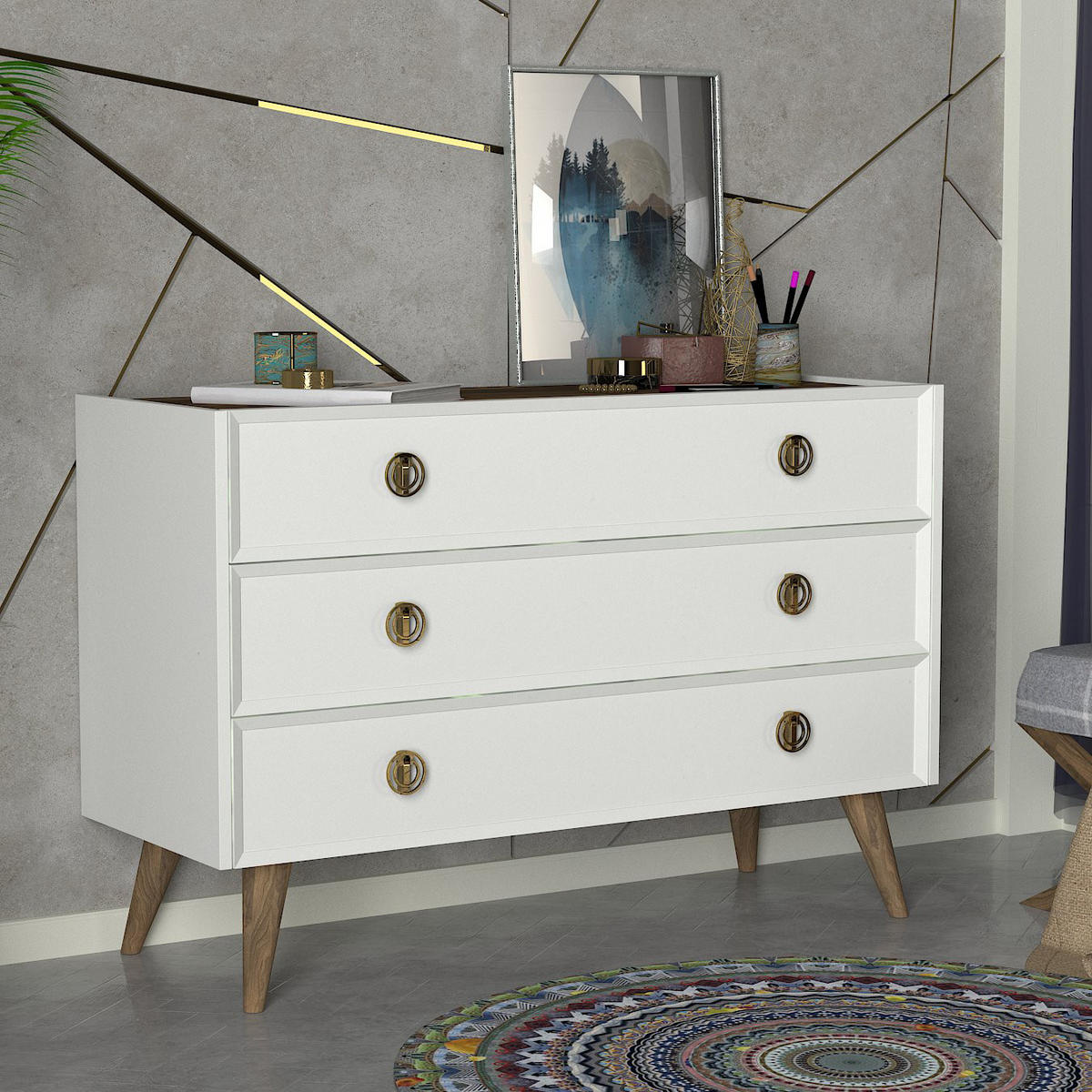 KOMMODE Nadya Weiß Walnuss - Goldfarben/Walnussfarben, Holzwerkstoff/Kunststoff (120.4/80.3/36cm) - moebel17