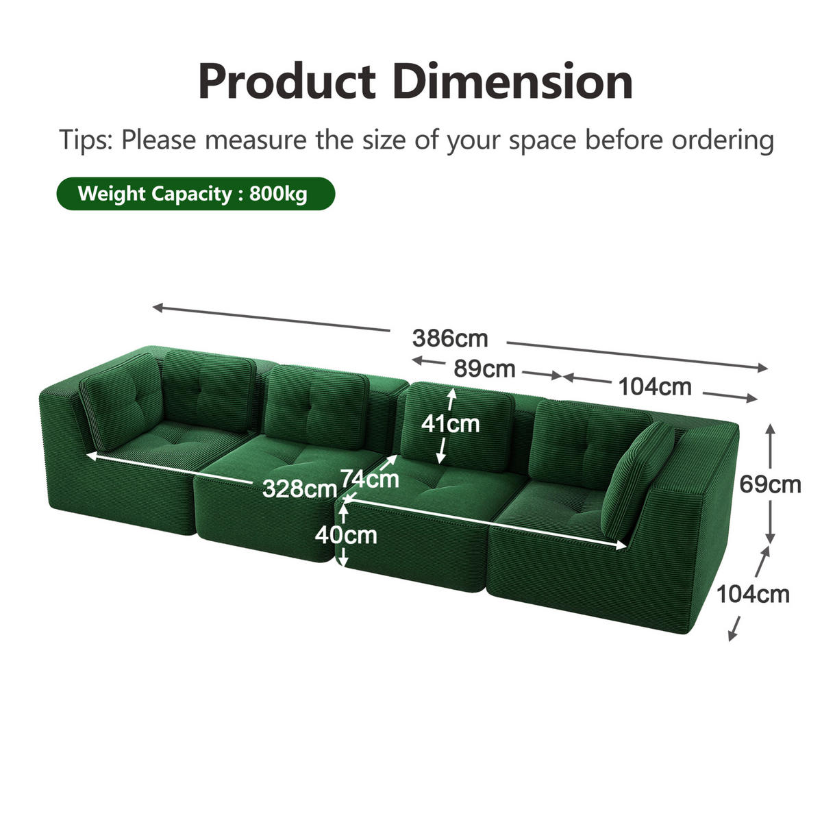 ECKSOFA 386/104/69 cm grün aus Cord mit modularem Design und rutschfestem Standfuß - Grün, Textil (104/386cm) - OKWISH