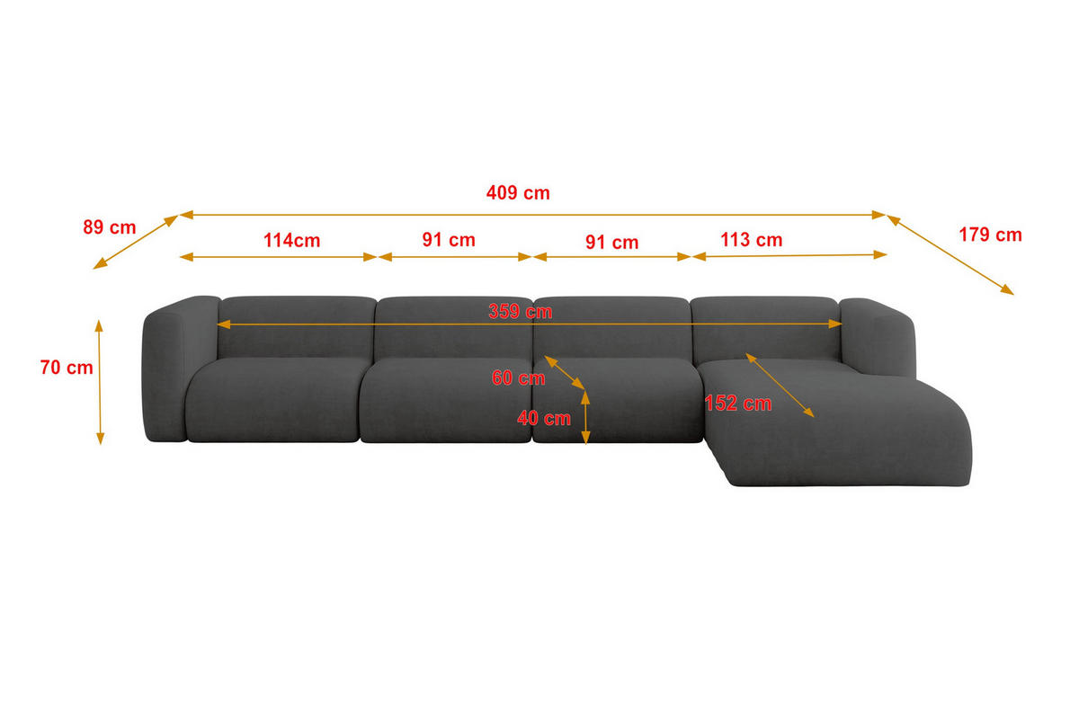 ECKSOFA Ottomane Rechts MIRA-L3 409x179x70 Dunkelgrau Velours - Dunkelgrau/Schwarz, Holzwerkstoff/Kunststoff (409/179cm) - ALTDECOR
