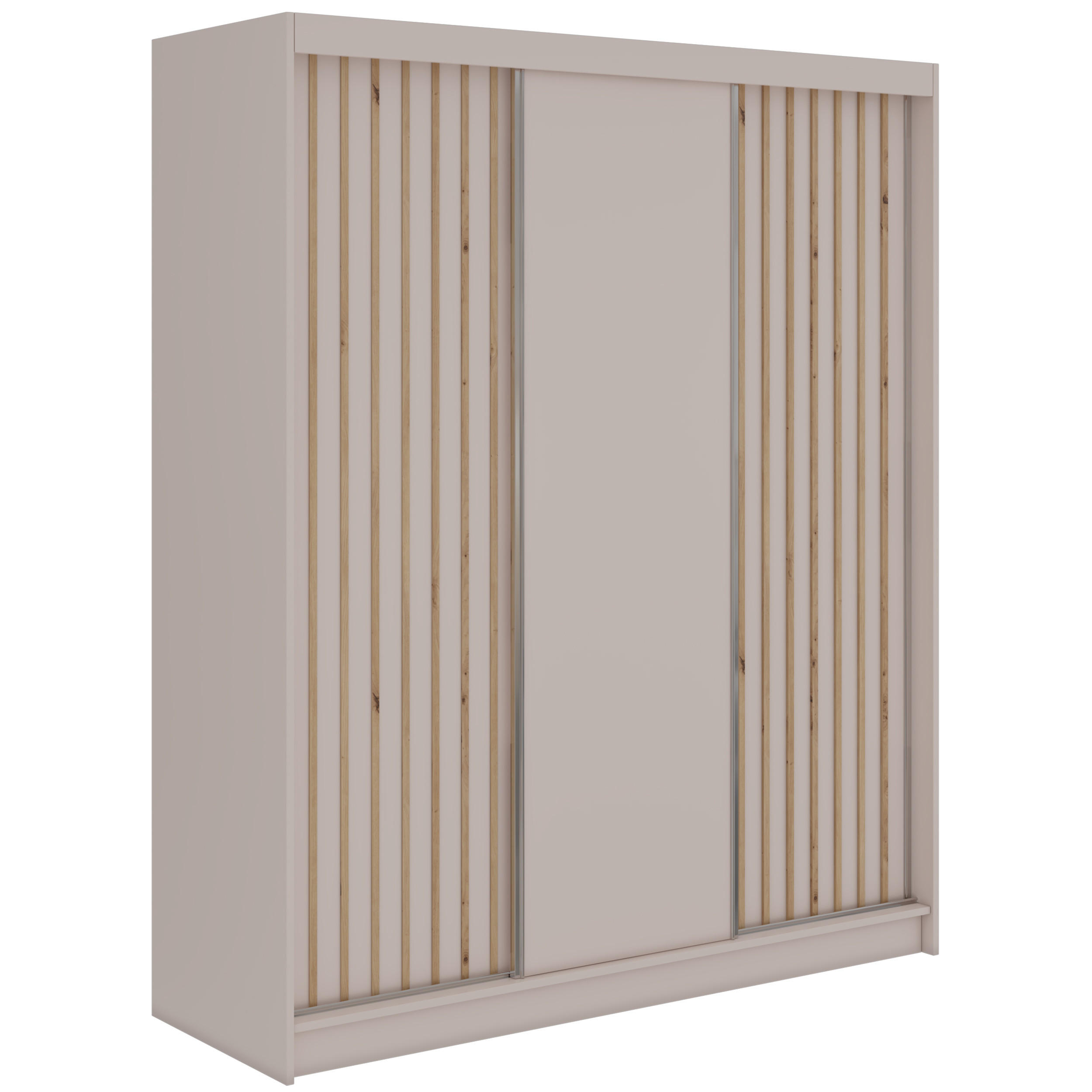 SCHWEBETÜRENSCHRANK mit Lamellen und Schubladen LUMOS - 180 - Kaschmir und Eiche Artisan - Kaschmir/Alufarben, Holzwerkstoff/Metall (180/216/61cm) - MKS