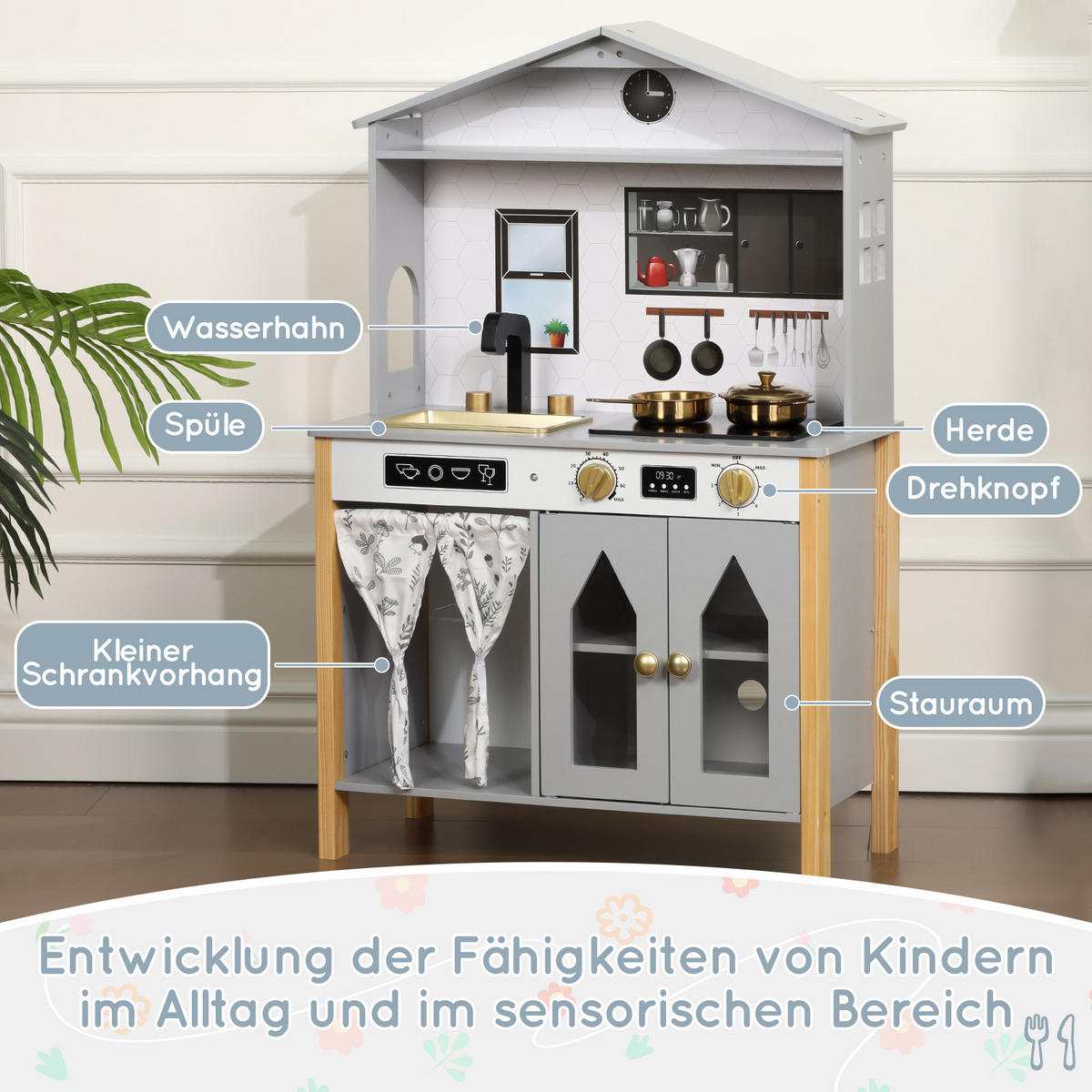 KINDERKÜCHE Spielküche Grau – Hausdesign mit Zubehör & Soundeffekten, Holz/Kunststoff, ab 3 Jahren,28.5x60x92cm - Grau, Holzwerkstoff (60/28.5/92cm) - Ej. Life