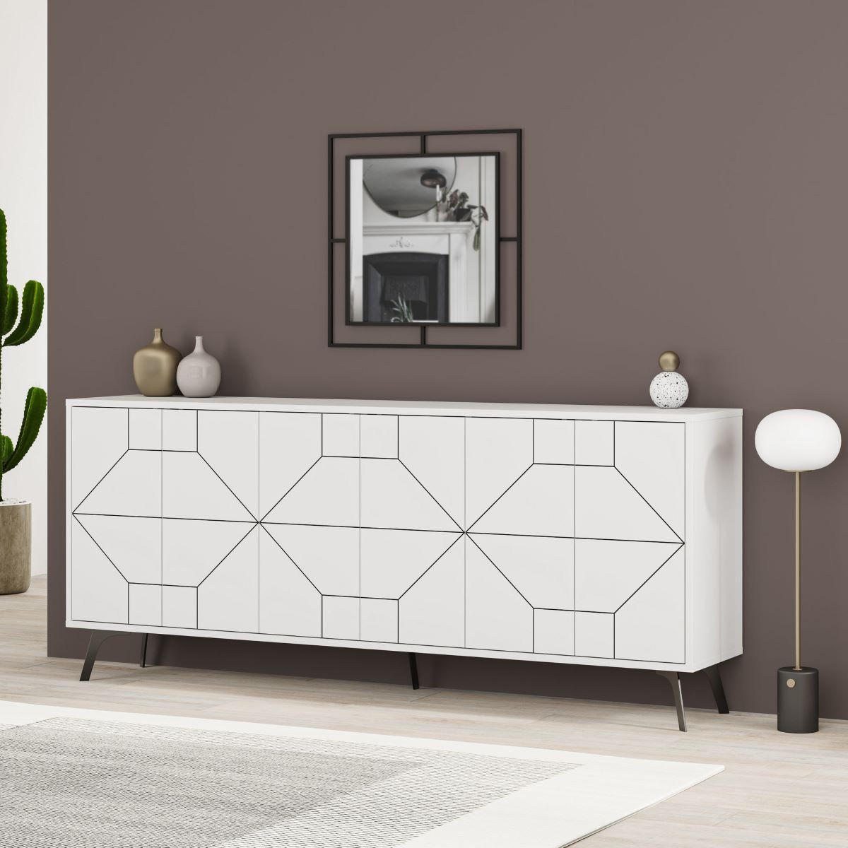 SIDEBOARD mit 6 dekorierten Türen L184 cm - Dune - Weiß, Holzwerkstoff (35/77.4/184cm) - Calicosy