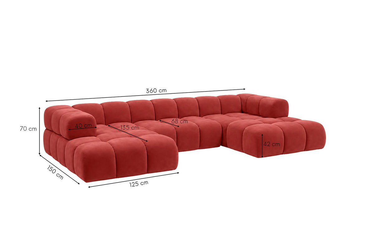 ROHOVÁ SEDAČKA ve tvaru U, velurová tkanina Bluvel, Vínová, Averro U - vínově červená, dřevo (360/70/150cm) - Kaiser Möbel