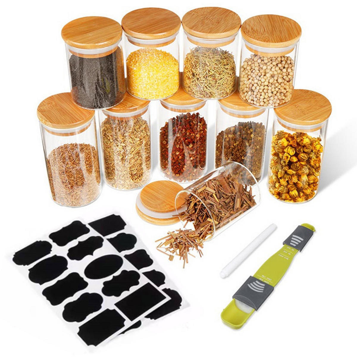 VORRATSGLAS-SET 10er-Set mit Bambusdeckeln – luftdicht beschriftbar und spülmaschinengeeignet Dose mit Deckel - Transparent/Weiß, Glas/Holz (6.5/12/6.5cm) - Livingandhome