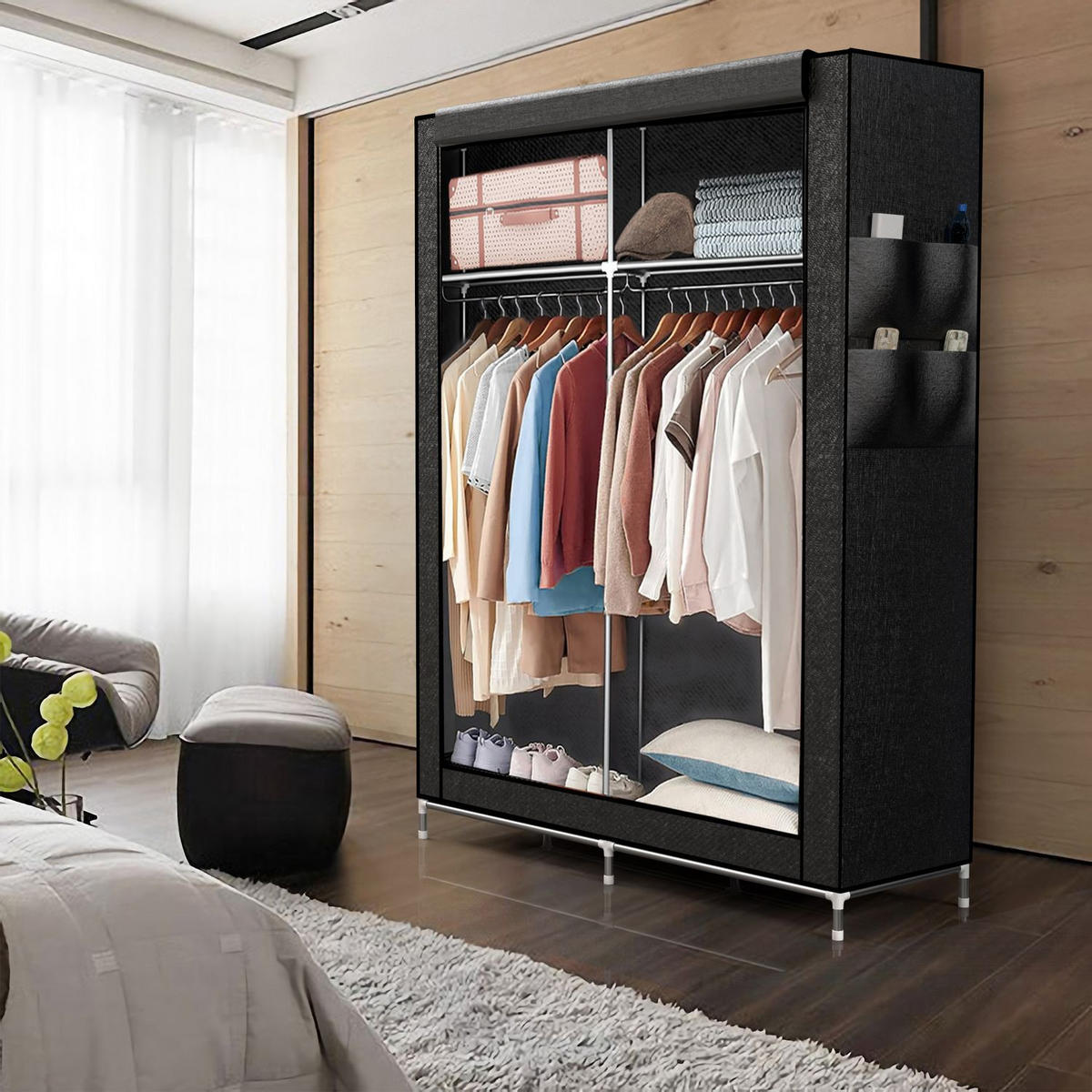 STOFFSCHRANK - Schwarz, Textil (45/170/108cm) - Intirilife
