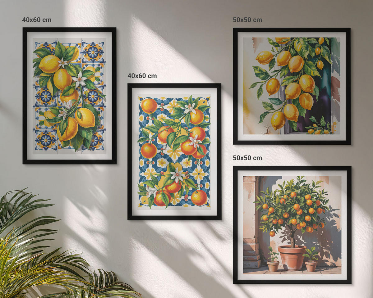 BILDER SET 4er Set - 50x50 cm & 40x60 cm Schwarzer Rahmen - Farbenfrohe abstrakte Zitrusfrüchte - Schwarz, Kunststoff (50/50cm) - TULUP
