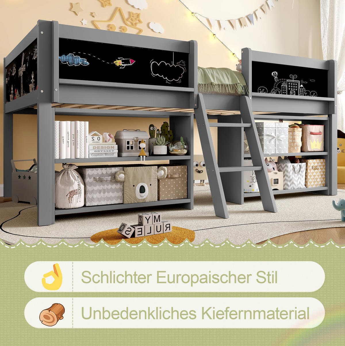HALBHOHES Bett 90/200 cm grau aus Kiefernholz und MDF mit Stauraum - Grau, Holzwerkstoff (90/200cm) - OKWISH