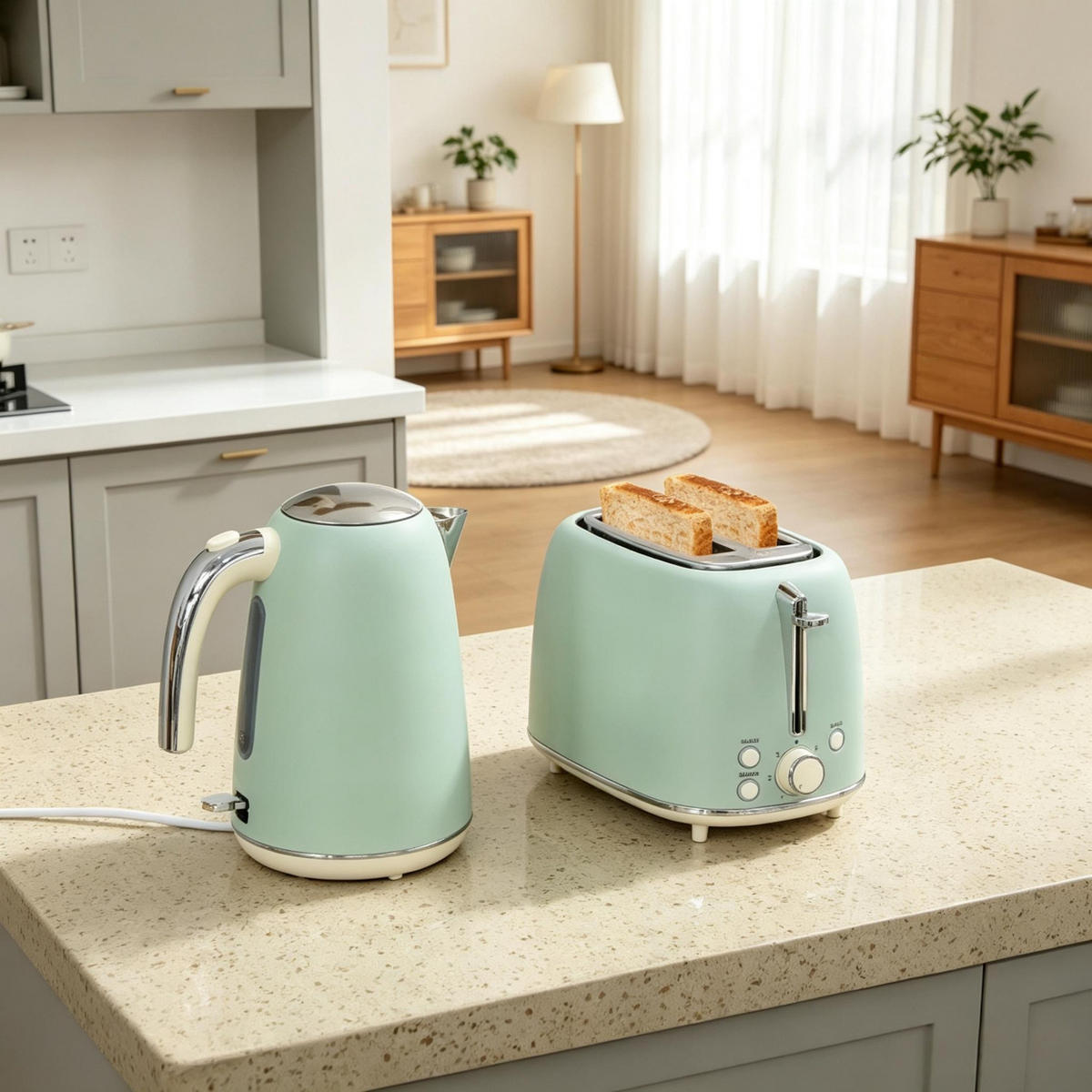 WASSERKOCHER‑SET mit Toaster, 1,7 L kabelloser elektrischer Wasserkocher & 2‑Scheiben‑Toaster, Retro‑Frühstücksset in Mint‑Grün für die moderne Küche - Mintgrün, Metall (17.9/19.2/28.9cm) - Joyfair