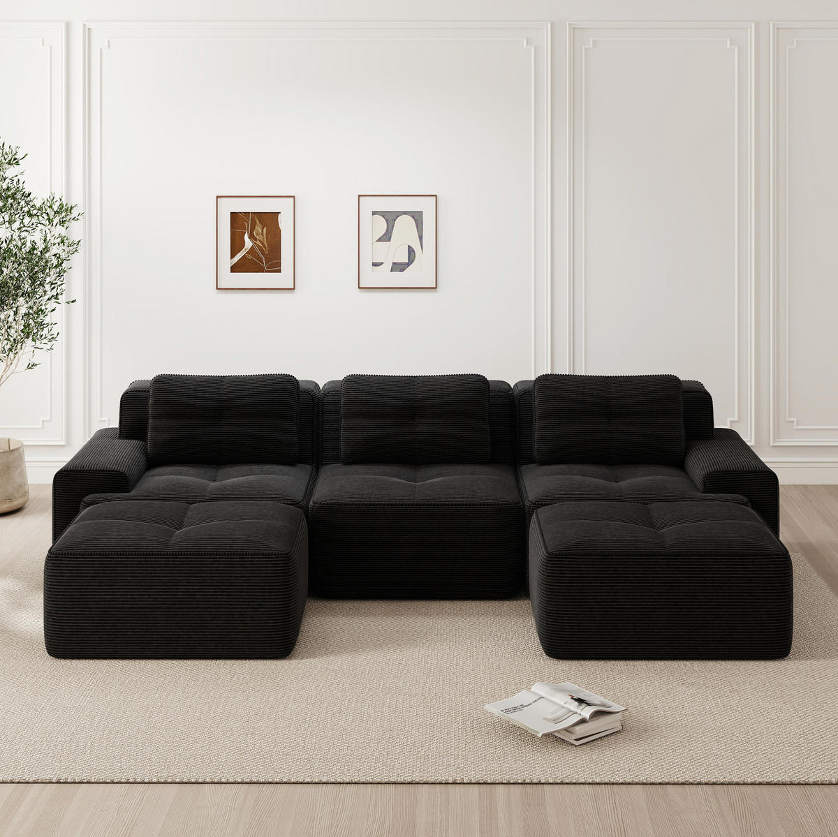 3-SITZER Sofa montagefrei mit Tiefsitz, Cordbezug und rutschfester Basis, Schwarz - Schwarz, Textil (293/69/177cm) - Redom