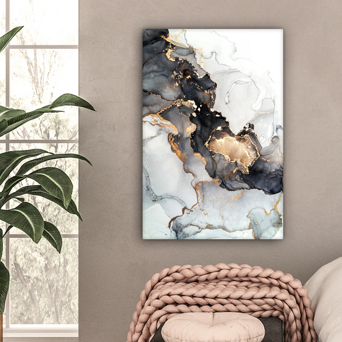 LEINWANDBILD Marmor - Schwarz - Weiß - Gold - Luxus - Abstrakt 60x90 cm - Goldfarben, Textil (60/90cm) - MuchoWow